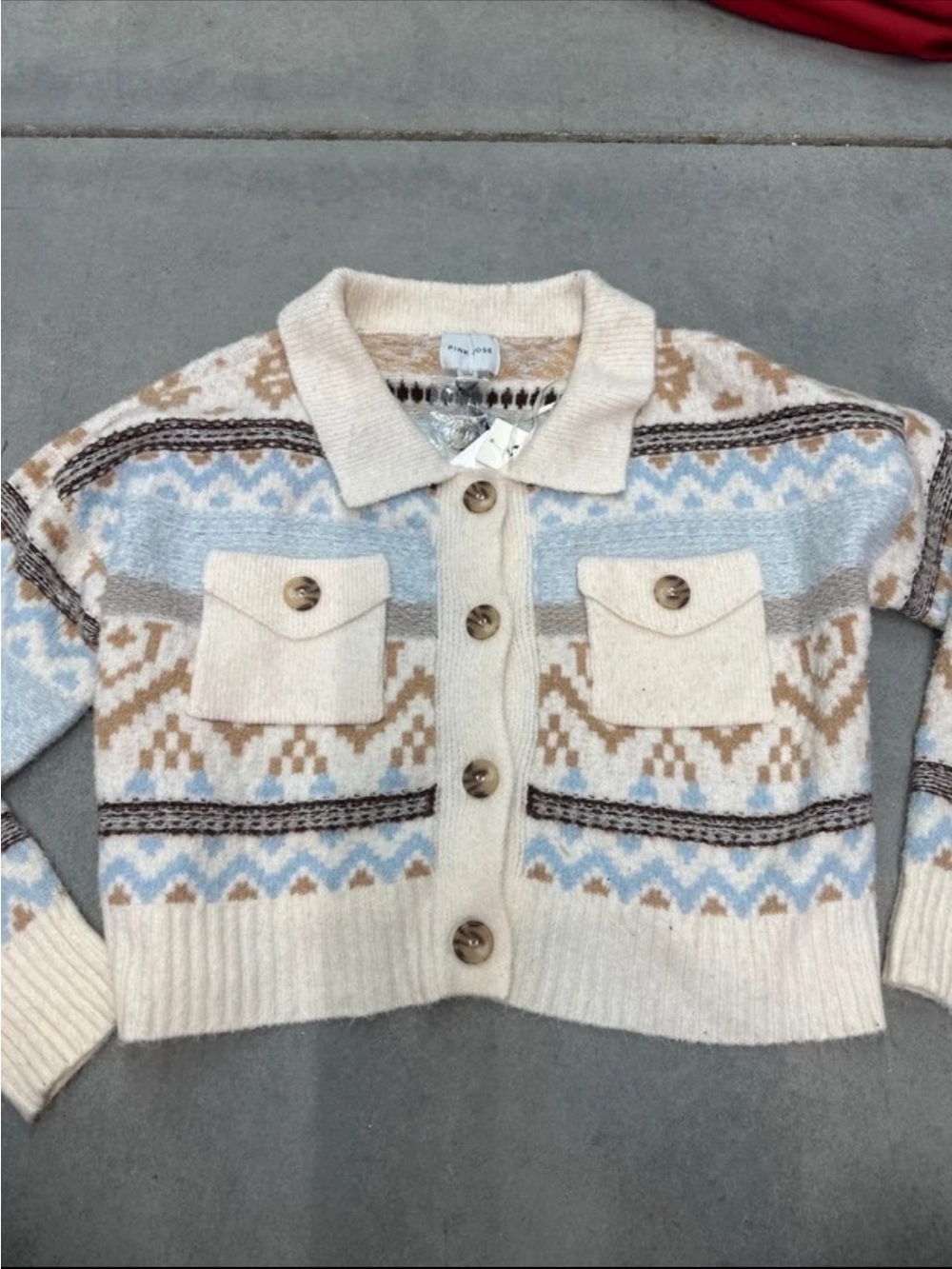 Pink Rose Cream Fair Isle Button-Up Cardigan with Blue and Tan Accents